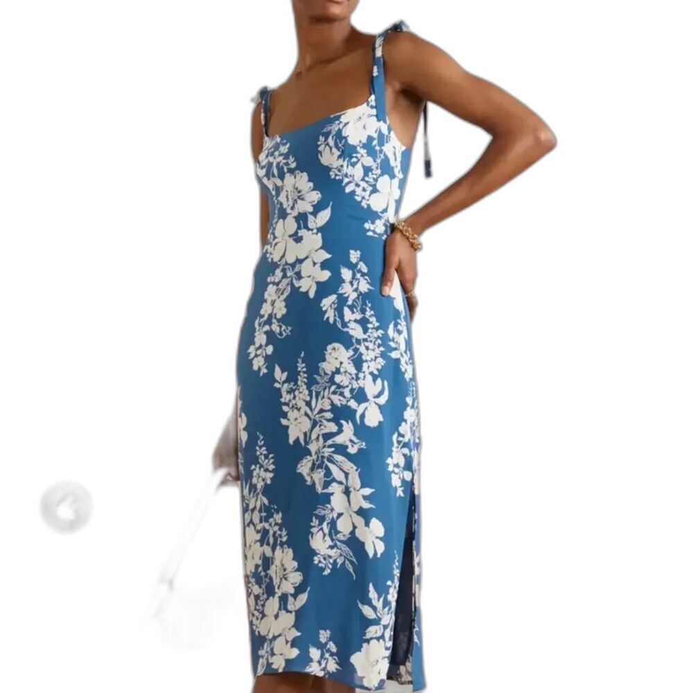 Reformation Marguerite Floral Silk Dress Womens 6 Cyanotype Summer Wedding Guest